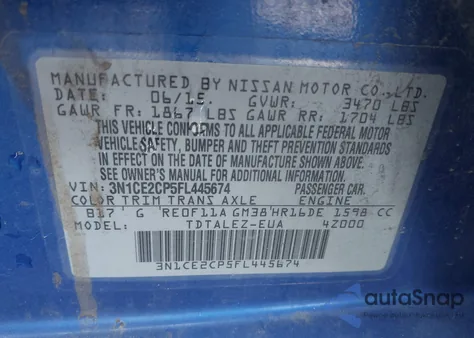 2015 Nissan Versa Note Sl z USA, uszkodzony, nr VIN 3N1CE2CP5FL445674